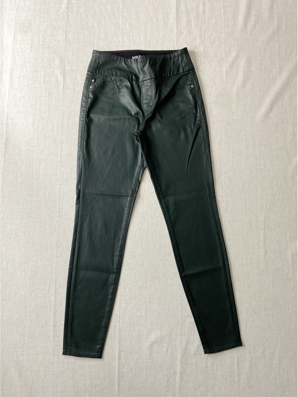 Rock & Republic Denim Rx Fever Coated Pants Green Faux Leather Jeggings Size 8M